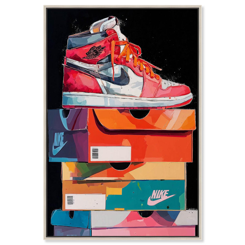 «Sneaker on Shoeboxes», impression rétro sur toile par Notoriart, H 54 po x l 36 po, Cadre argenté