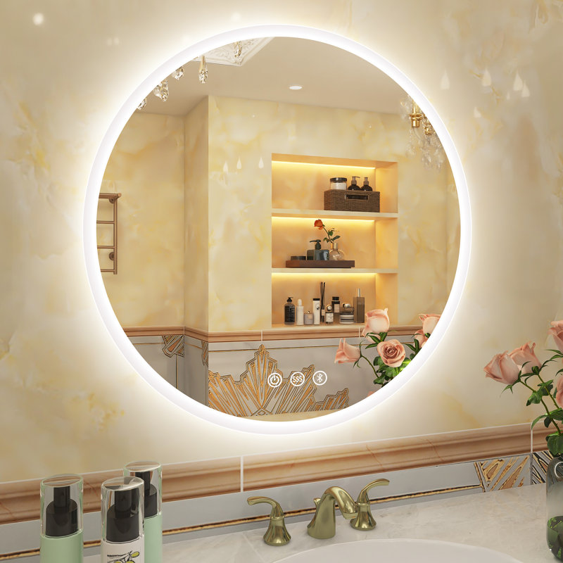 Miroir de salle de bain rond à DEL avec désembuage, Bluetooth et lumières à intensité variable, 24 po x 24 po