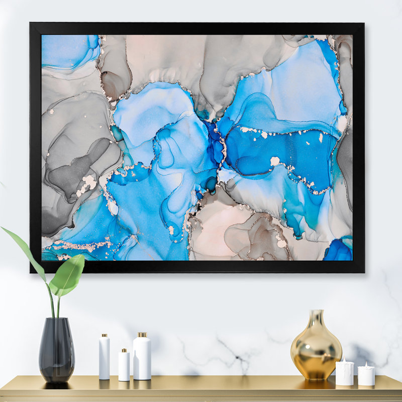 «Blue and Gray Luxury Abstract Fluid Art II», reproduction sur toile, H 24 po x l 32 po, Cadre photo noir