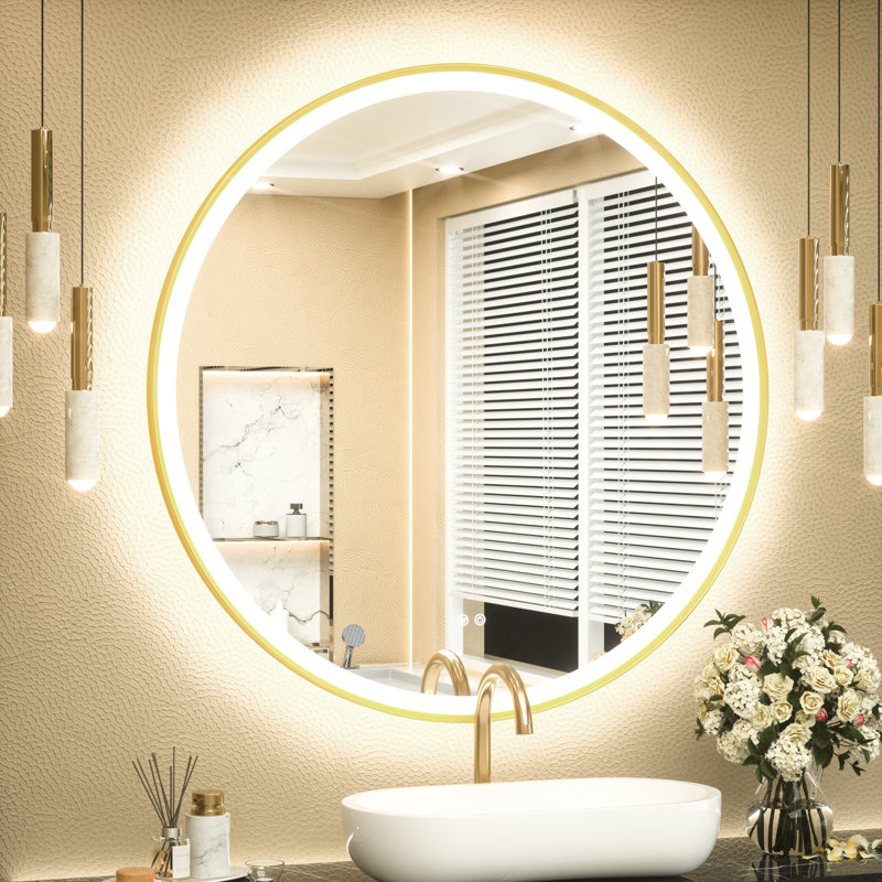 Miroir de salle de bain rond arrondi à DEL à intensité variable avec miroir de salle de bain à réglage de 3 couleurs et miroir de salle de bain rétro-éclairé avec verre trempé