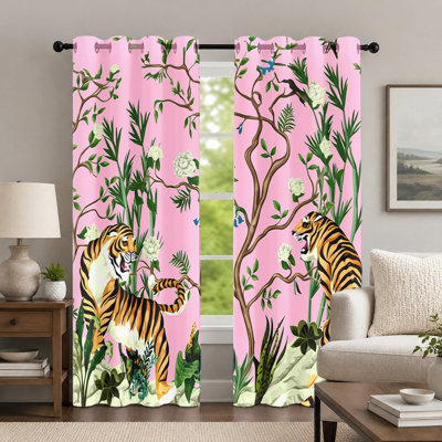 Lot de 2 rideaux à motifs tigres et jardin botanique, style faune tropicale, imprimé paysage naturel vibrant, rideaux à œillets, décoration de fenêtre pour chambre et salon