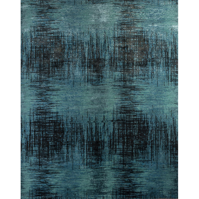 Tapis bleu abstrait noué à la main 8 pi x 10 pi