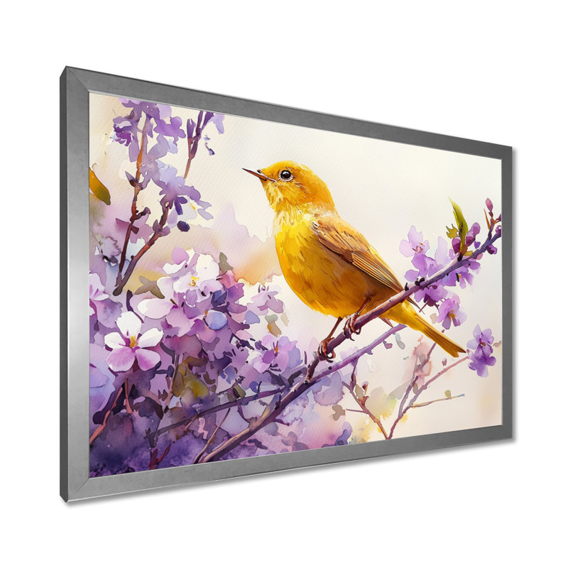 Art mural, oiseau chanteur dans le jardin II, Argent argent, Cadre simple, H 12 po x l 20 po