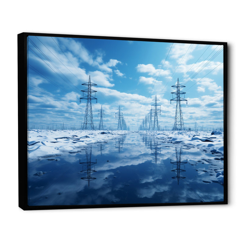 Lignes électriques, Horizons électriques I - art mural lignes électriques, H 30 po x l 40 po x P 1,5 po, Cadre flottant noir