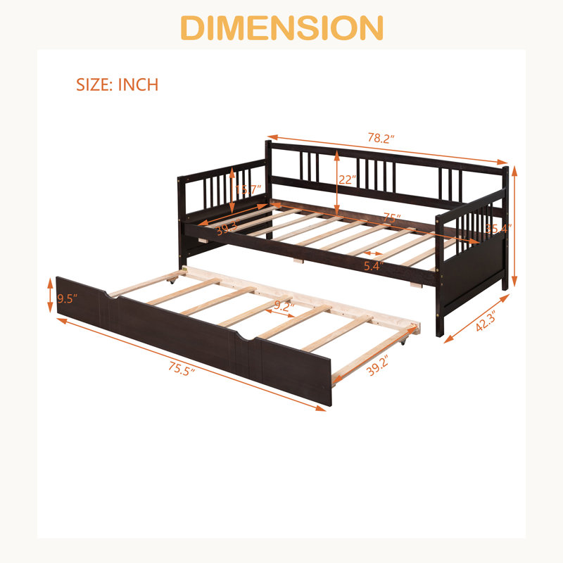Lit de jour simple avec lit gigogne en bois, Espresso