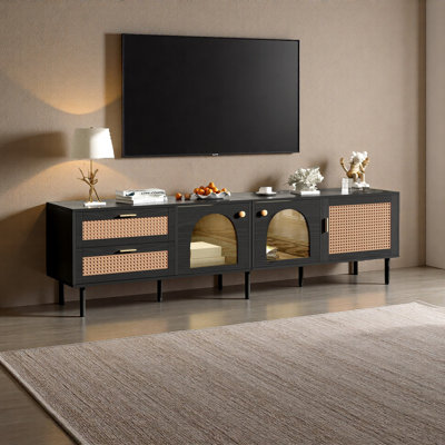 Meuble télé en rotin avec 3 armoires et 2 tiroirs, console multimédia inspirée du rotin pour téléviseur de 80 po ou moins, meuble télé à DEL, meuble télé pour salon, chambre à coucher, cinéma maison