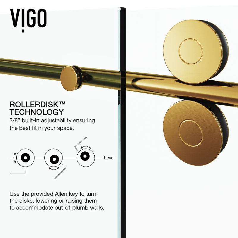 Elan 60-64" W x 74" H Sliding Frameless Shower Door with 3/8" Clear Glass, Matte Brushed Gold