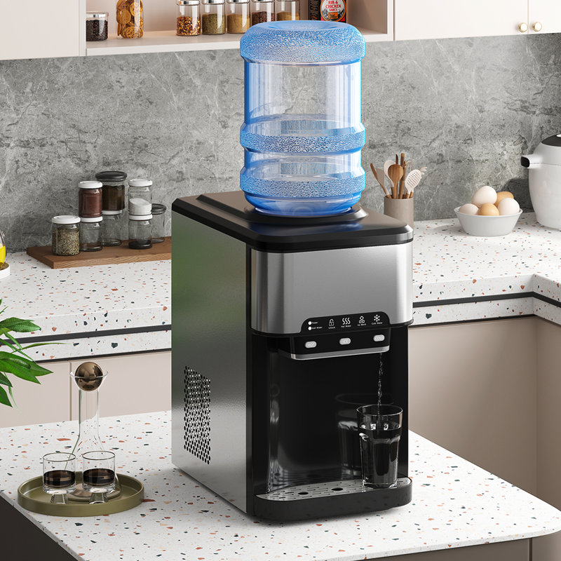 Countertop Top Loading Water Cooler Dispenser with Built-in Ice Maker,44 Lbs in 24H Ice Production & Hot/Cold Water Dispenser,Energy Star 3-5 Gallons Capacity with Smart Frostguard & Whisperquiet Tech (Black)