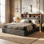 EU Double & King Faux Leather Ottoman Bed with Wingback LED & Charging Shelf, Upholstered Storage Bed, White/Black PU,  140/160x200cm-184541577-184541576