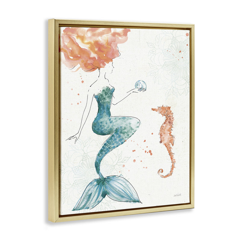 «Mermaid and Ocean Seahorse», toile encadrée dorée encadrée par Anne Tavoletti, Cadre flottant métallique doré