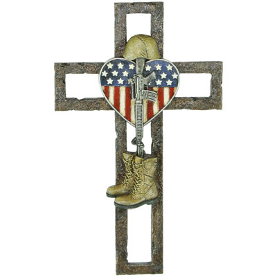 Hollowed Military Fallen Soldier Patriotic Flag Heart Hanging Wall Cross Décor