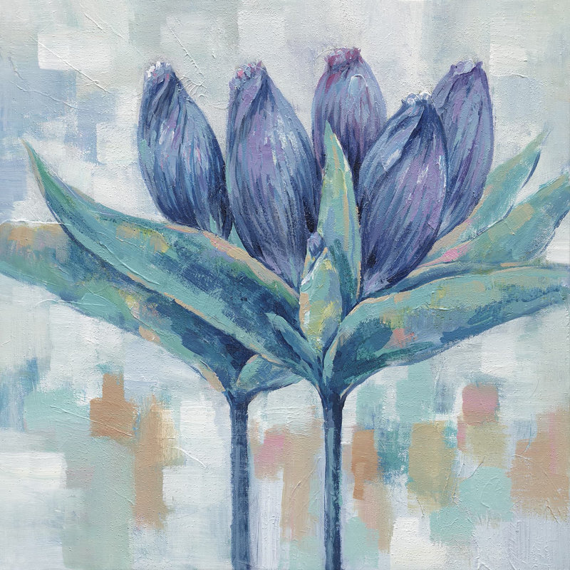 «Two Slender Blue Lovebuds», peinture sur toile tendue, H 30 po x l 30 po x P 1,5 po