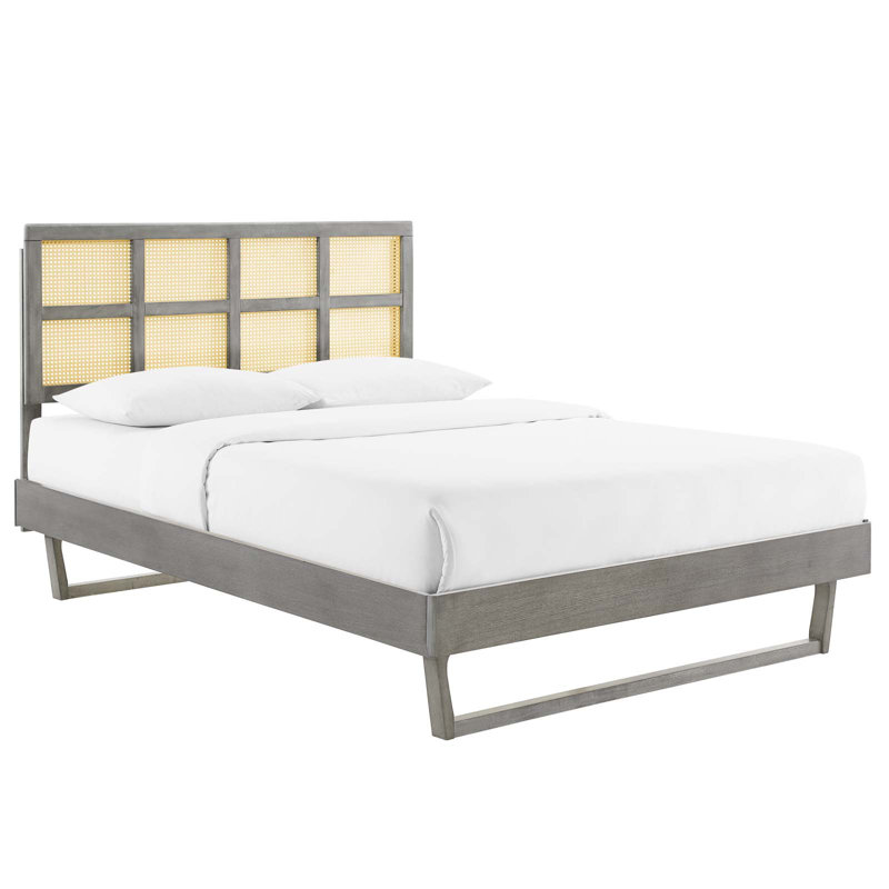 Gray Queen Wood Platform Bed with Cane Headboard