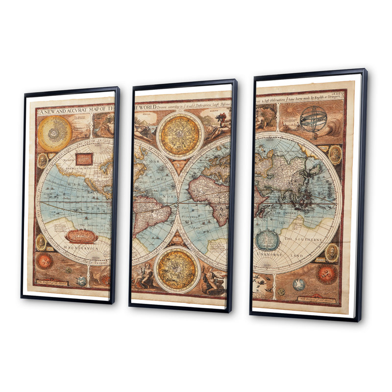 Ancienne carte du monde, impression sur toile, cadre flottant 3 pièces, L 48 po x H 32 po, Cadre noir