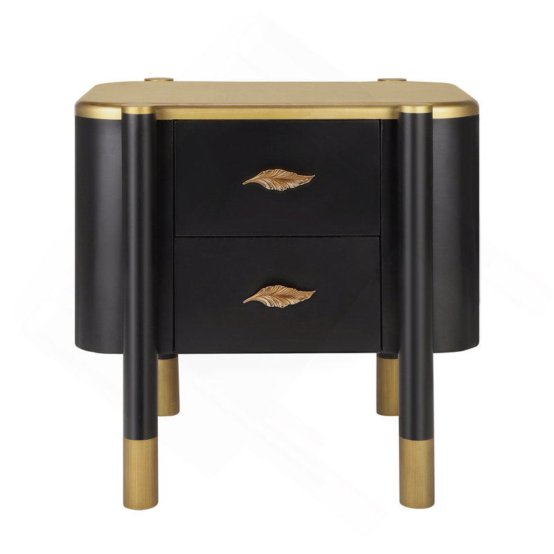 Contemporary 2 Drawers Nightstand With Curved Profile Design, Bedside Table With Metal Feather-Shaped Handles And Exposed Legs, End Table For Living Room And Bedroom, Easy Assembly, Black
