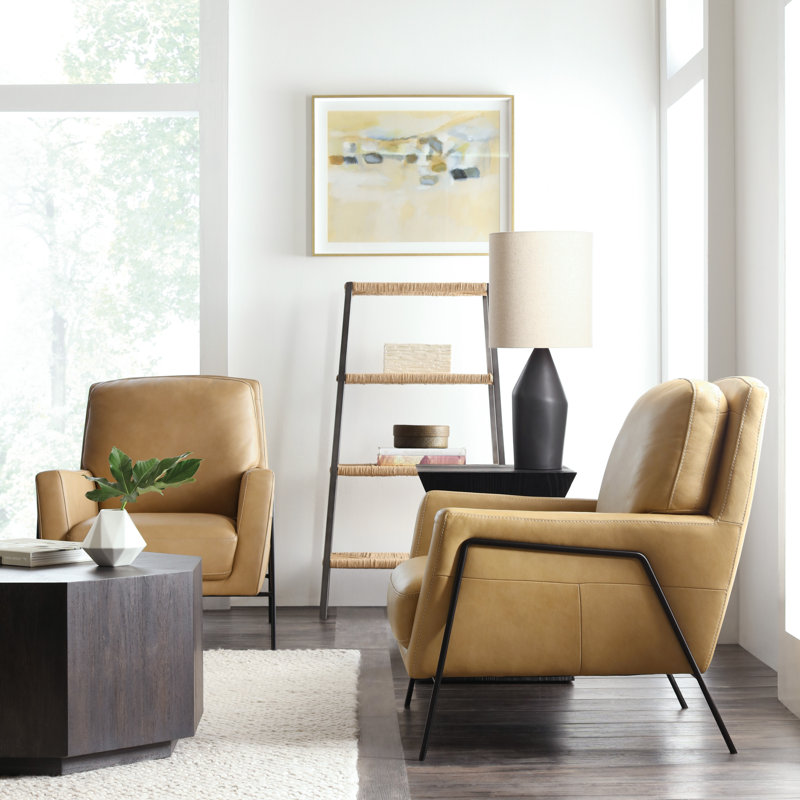 Aziel Metal Frame Club Chair, Ankur Sand Genuine Leather