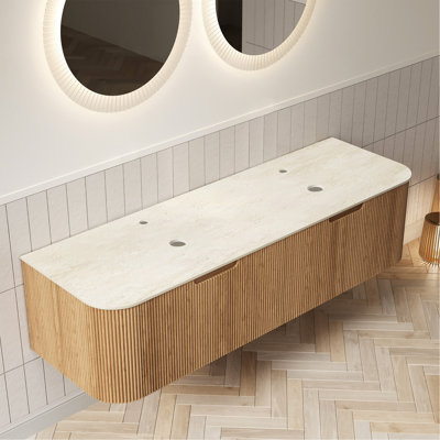 60'' Wall Mounted Plywood Cabinet with 2 Drawers, Roman travertine Sintered Stone Countertop, NO Basin, NO Faucet and Drain, Natural Woodgrain Color