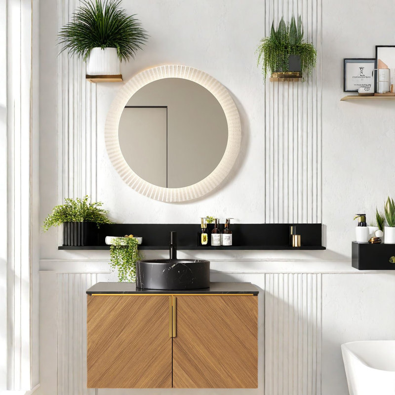 Meuble-lavabo et lavabo Modern, rangement en contreplaqué avec cuve en céramique, finition chêne noir et brun