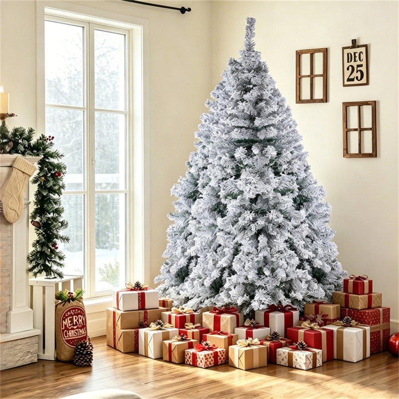 Arbre de Noël artificiel non illuminé, modèle à charnière, branches denses, décor de Noël réaliste, 7 ft, Amas de neige