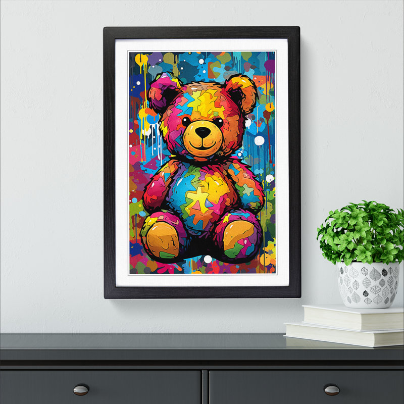 XYZ-FRM-V1223-1621 Teddy Bear Pop No.2 - Single Picture Frame Print on Wood, Black, 46cm H x 34cm W x 2cm D