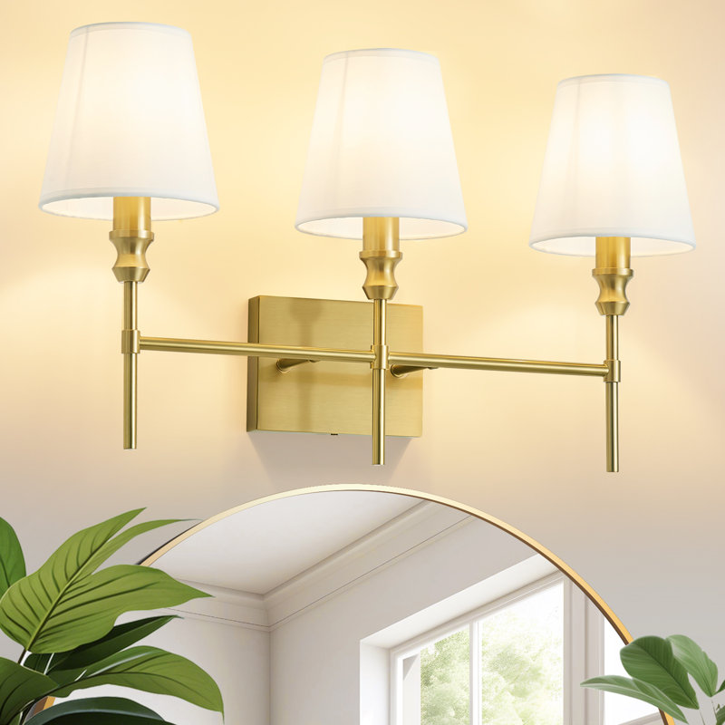Bathroom Vanity Lighting Fixture Bedroom Wall Sconce With White Fabric Shades, Gold, 13.9" H x 23.6" W x 7.9" D, 3 Lights
