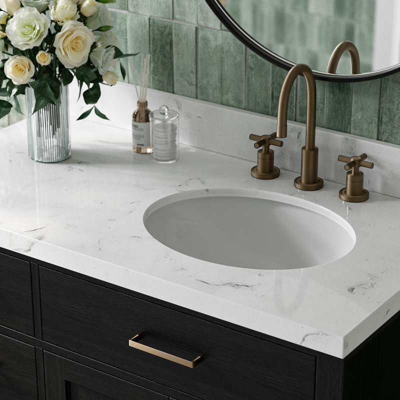 Meuble-lavabo simple en bois massif 42 po Tidworth avec plateau en quartz Carrara de 1,5 po, Oui, Ovale, Chêne noir
