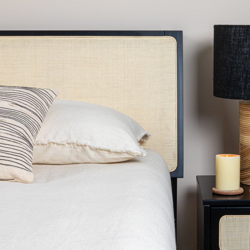 Crawford Modern Solid Wood Bed with Natural Woven Cane Headboard, Queen, Natural