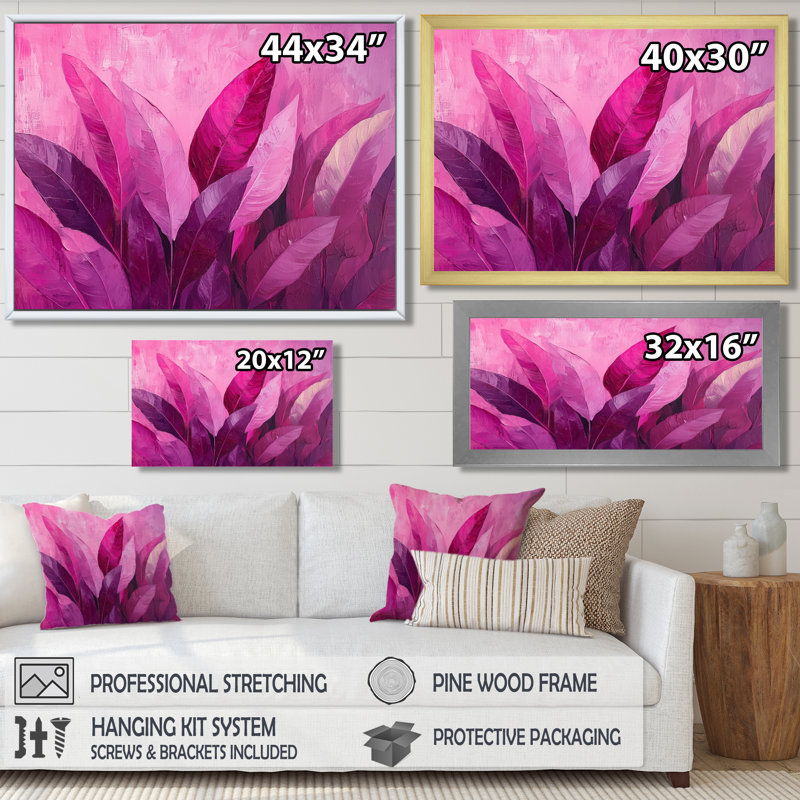 Magenta Leaves Blosoom II - feuilles, art mural pour le salon, H 12 po x l 20 po, Toile tendue, Ne s’applique pas