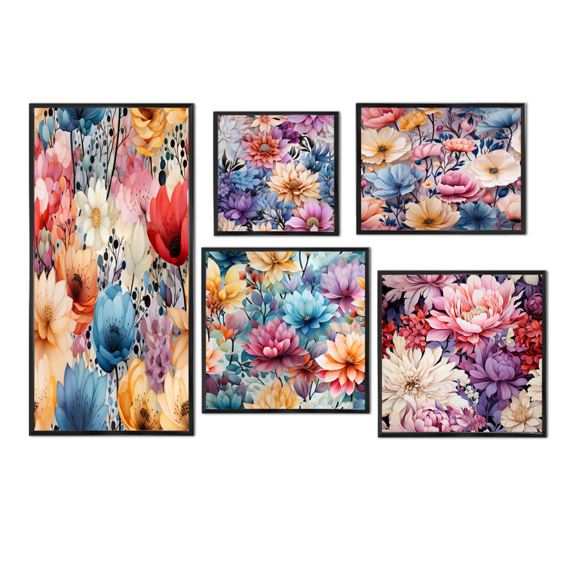 Etter - Ensemble de 5 impressions sur toile florales, Cadre flottant noir