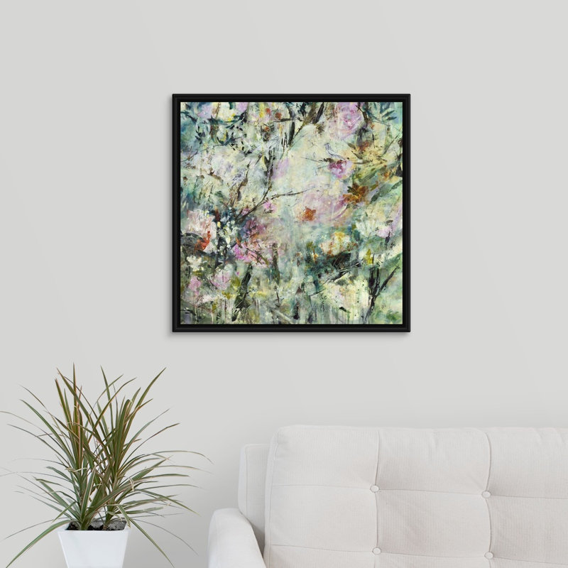 « my little paradise », peinture sur toile, H 21,7 po x l 21,7 po x p 1,75 po, Cadre flottant noir