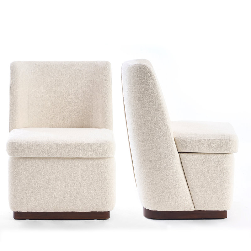 Upholstered Boucle Accent Chair Full Back Barrel Chair Armless Living Room Chairs With Solid Wood Base, White Fabric
