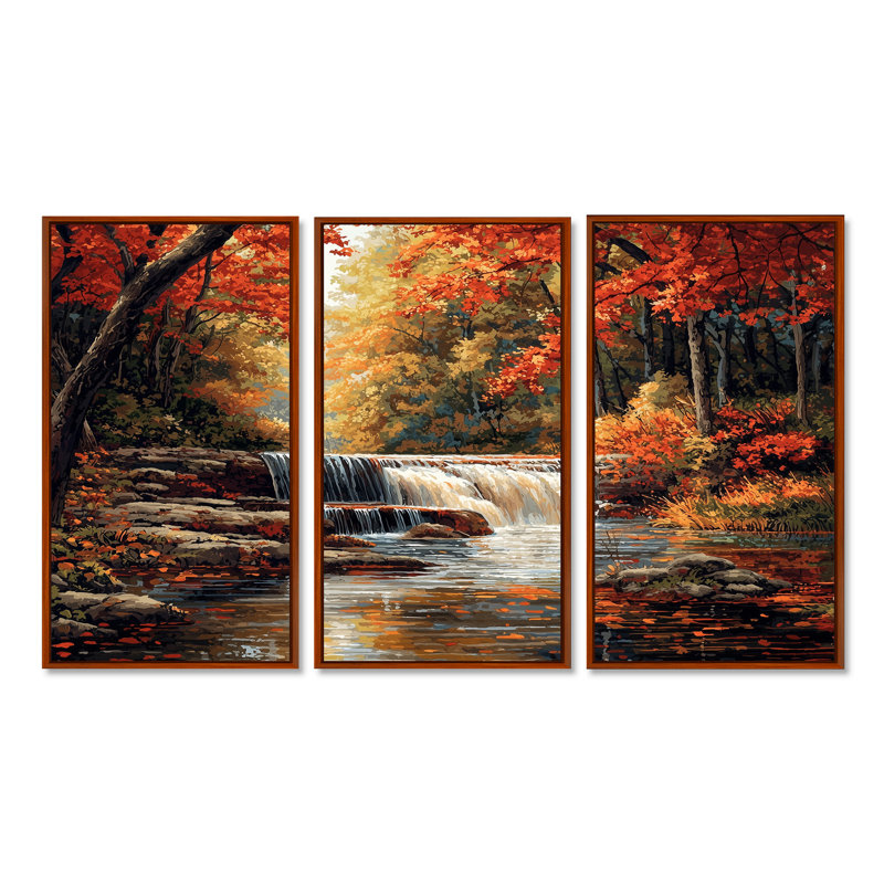 «Orange Autumn Mountain Waterfall Long View III - Waterfall», ensemble de reproduction d'art mural