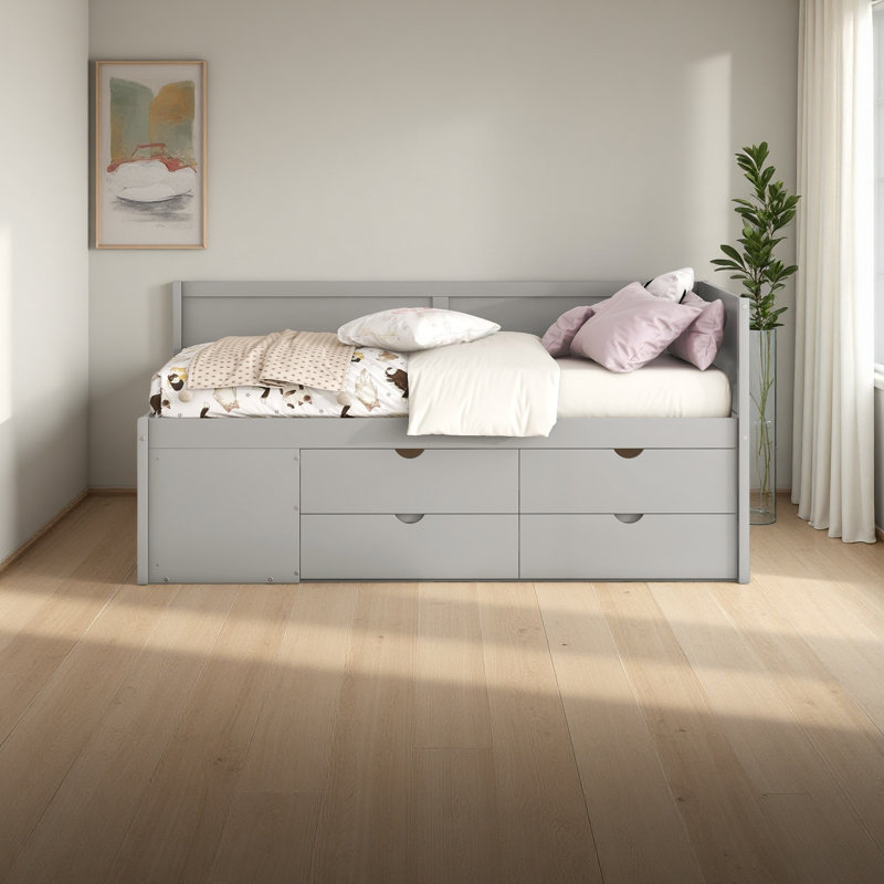 Lit de jour avec tiroirs et tablettes, Gris, Lit simple