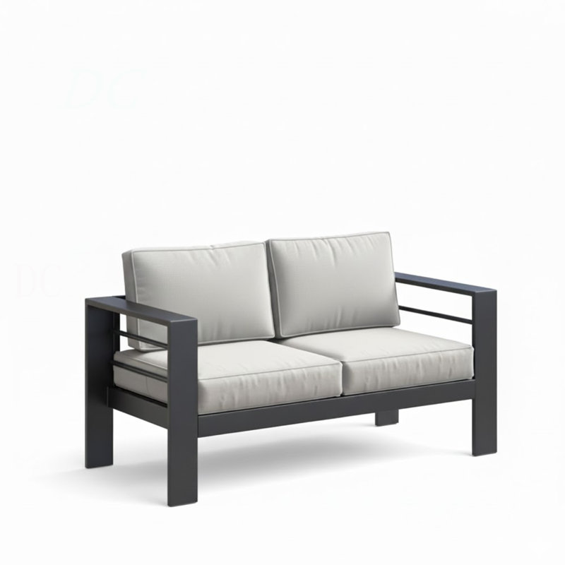 52" All-Weather Metal Loveseat Patio Sofa With Thick Light Gray Cushions & Black Frame
