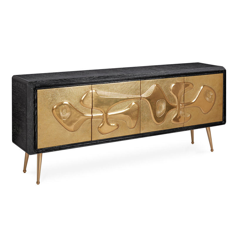 Brutalist Inspired Black and Brass Hand-Hammered Credenza