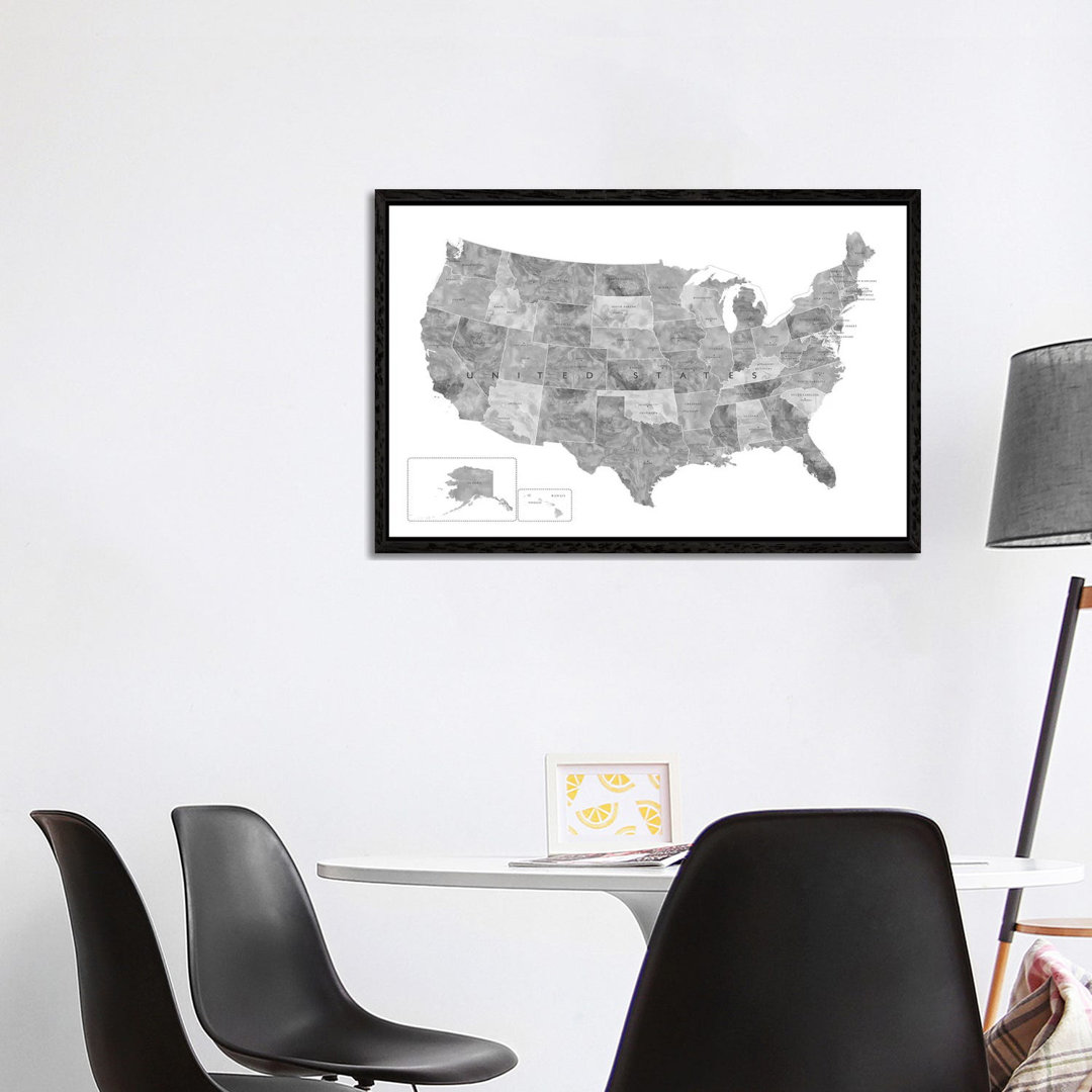 Gray Watercolor Map Of The Usa With States And State Capitals by Blursbyai - Gallery-Wrapped Canvas Giclée on Canvas