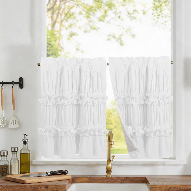 Paquet de 2 rideaux de cuisine Ruffle, Blanc, L 30 po x L 36 po