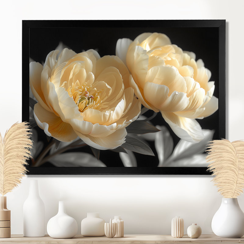 Saltz - pivoines, art mural, Cadre noir, H 16 po x l 32 po