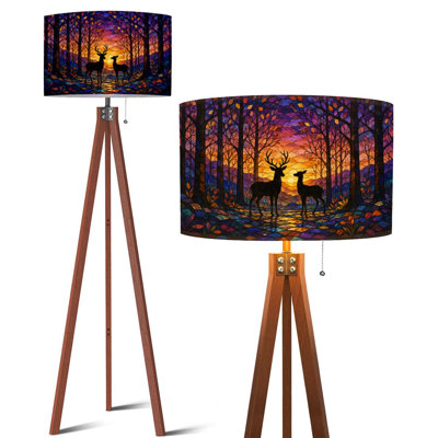 Lampe sur pied, motif vitrail rose rouge vif sur fond bleu mosaïque, télécommande, DEL à intensité variable, pieds en hêtre, abat-jour tambour amovible en lin, style milieu du siècle, idéal pour le salon, la chambre ou le bureau.