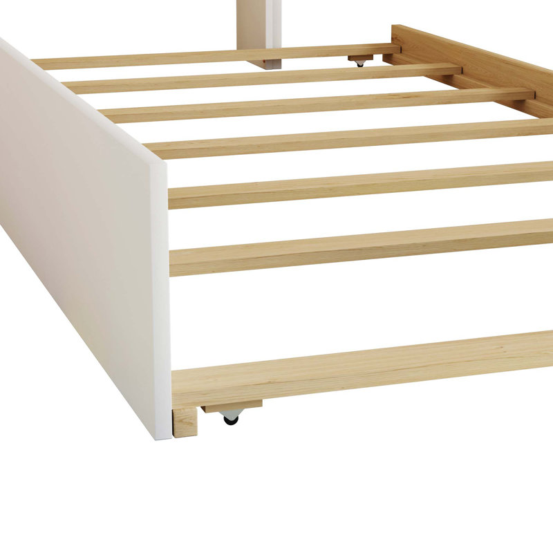 Engeliene Wooden Bed with Trundle,Storage Bed Frame with Bookcase, White, Twin