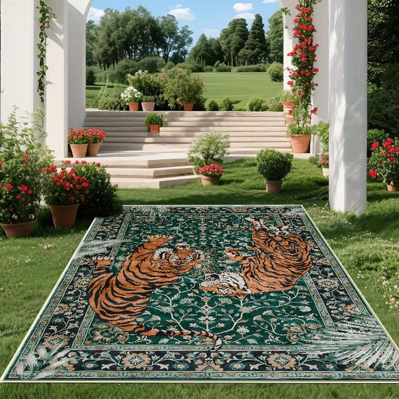 Two Tigers Dark Green Vintage Floral Cottage Area Rug, suitable for the living room, soft and comfortable, easy to maintain, machine-washable indoor rug, ideal for dining room, bedroom, entryway, home office, back porch, patio, and home decor.