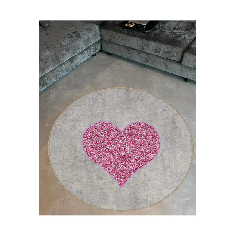 Pink Gray Themed Heart Patterned Round Woven Base Modern Decorative Carpet, Round 5'