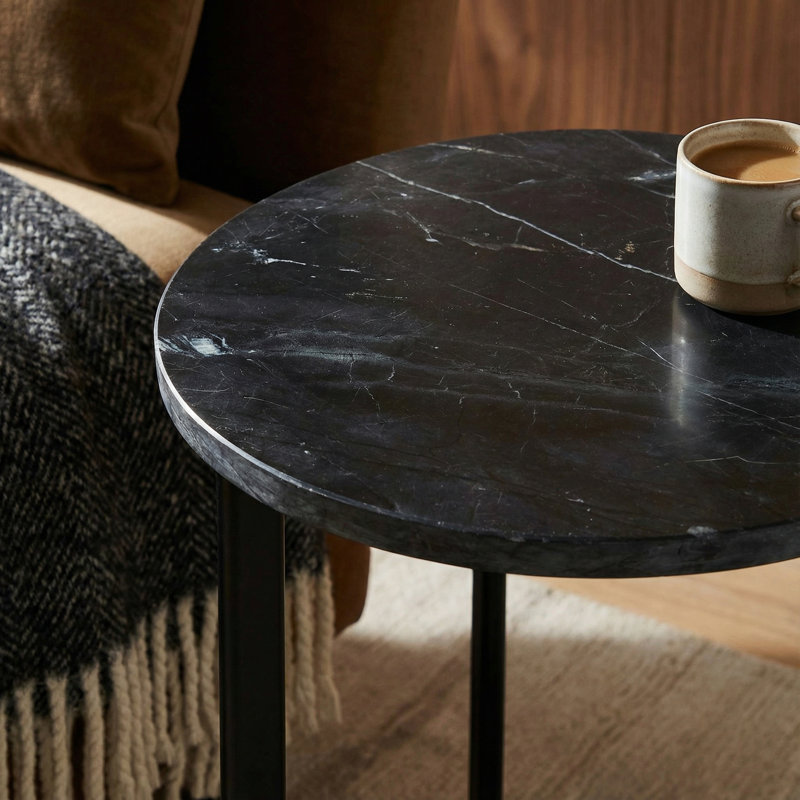 Emmaleen Accent Table in Black Metal and Marble, Round 15"