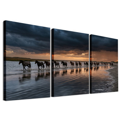 «Wild Horses at Sunset Beach», ensemble de 3 toiles murales