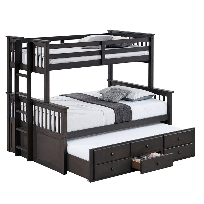 Lit simple superposé au-dessus d'un lit double avec tiroirs sous le lit, mélange de gris, aspect transitionnel, bois d'ingénierie massif pour la chambre à coucher