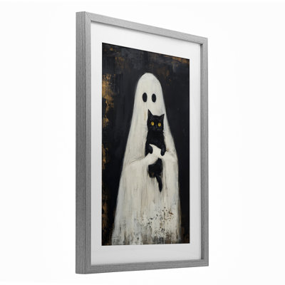 Black Kitty & Ghost Framed Print Under Glass, design by Petal Prints Design