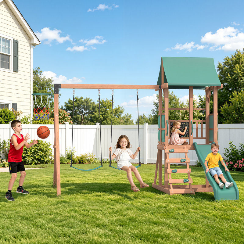 Bezseller Wooden Swing Set for Backyard, 6-in-1 Playground Sets with Wave Slide, Play Deck, Rock Wall Ladder, Chalkboard, 2 Belt Swings & Basketball Hoop Outdoor Playset