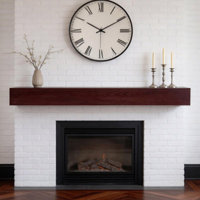 60" Rustic Wood Fireplace Mantel Hand-Carved Floating Shelf, Dark Brown Pine Wood Wall-Mounted