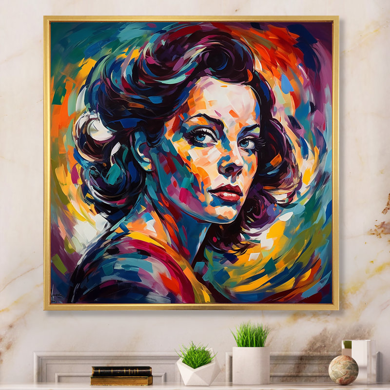 Portrait de femme pop art II, Cadre flottant doré, H 16 po x l 16 po x P 1 po