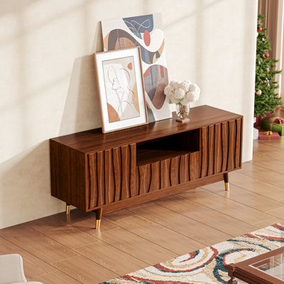 Brown Walnut Finish TV Stand, Mid Century Modern Wood Media Console Entertainment Center with 2 Drawers and 2 Cabinets for Living Room Bedroom